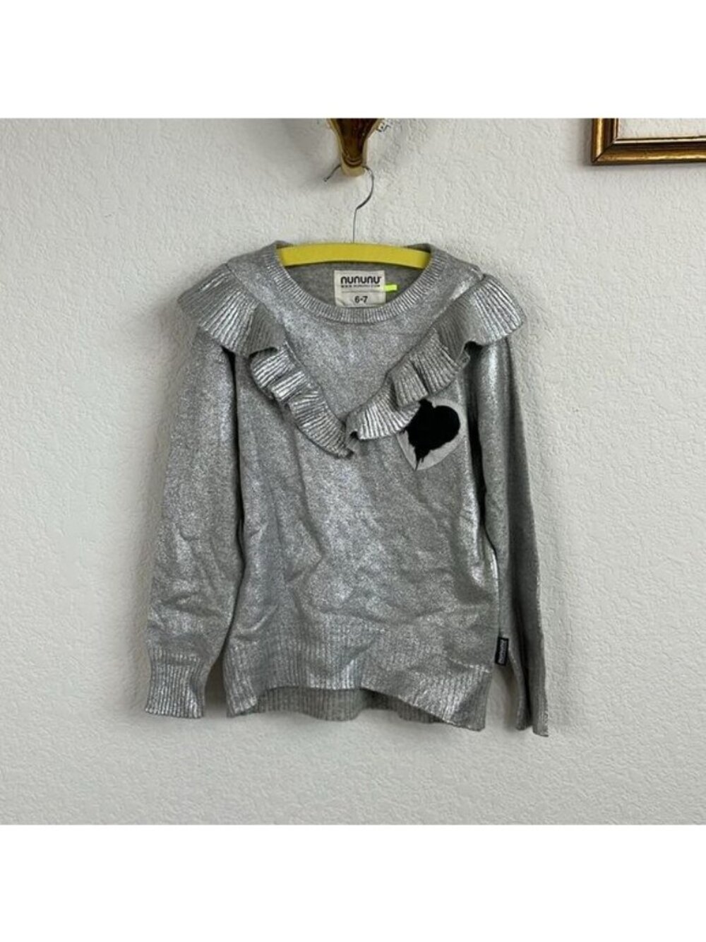 nununu Cashmere Metallic Ruffle Heart Patch Girls Sweater Made in Italy